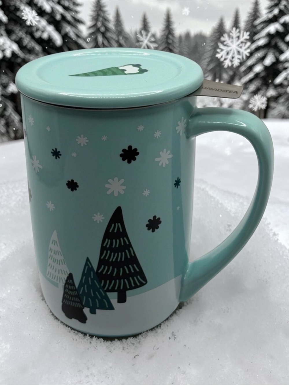 Davids Tea Mint Green Nordic Mug W/Lid Infuser Winter Scene Snowflakes 10 ozs